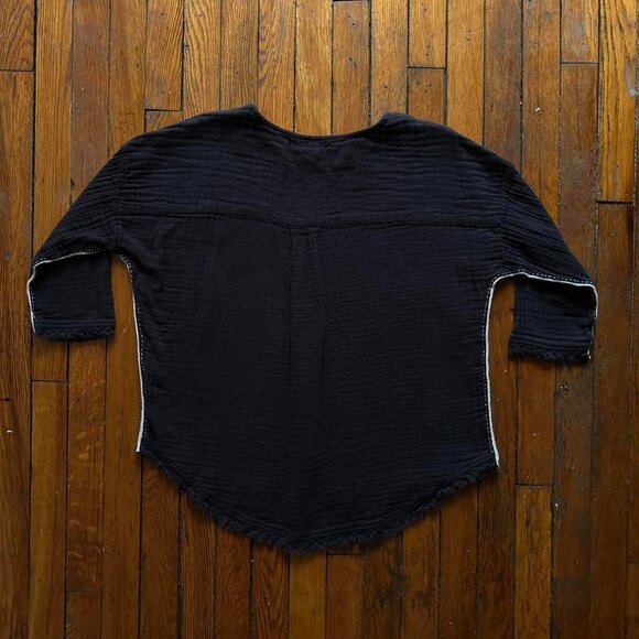 VOLOSHIN Oversized 3/4 Sleeve Shirt Top Women Small Navy Blue White Accent - Picture 4 of 5